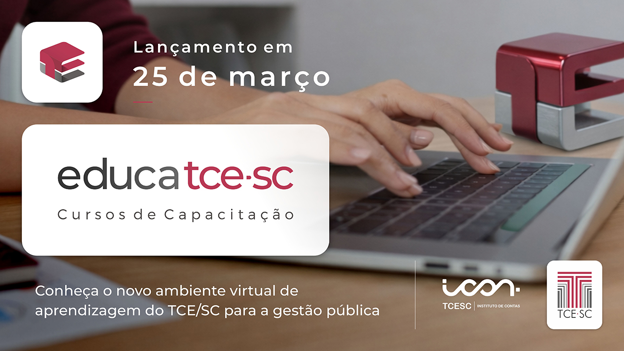 Banner sobre o educa TCE/SC. Ao fundo, foto de uma pessoa digitando em um teclado de computador.