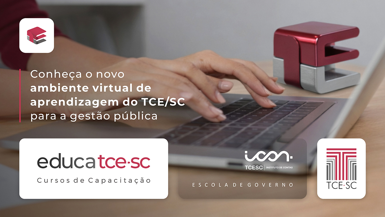 Banner sobre o educa TCE/SC. Ao fundo, foto de uma pessoa digitando em um teclado de computador.