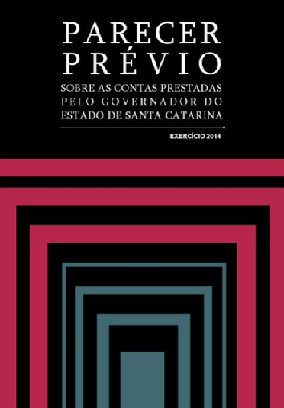 Banner vertical preto. Na parte superior, o título Parecer Prévio, destacado em maior tamanho, e o texto Sobre as contas prestadas pelo governador do Estado de Santa Catarina - exercício 2014, em fonte branca. Abaixo, parte da logomarca do TCE/SC, composta por linhas bordôs e cinzas formando um quadrado.  