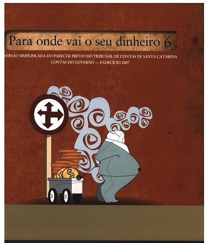 Banner bordô. Ao fundo, ilustração de um homem vestido de cinza, carregando um carrinho cheio de moedas. Ao lado esquerdo dele, uma placa de trânsito com setas apontando para cima, para baixo, para a direita e para a esquerda. Acima, sobre um retângulo dourado, o título Para onde vai o seu dinheiro 6, em fonte preta. Abaixo do título, breve explicação sobre a edição.