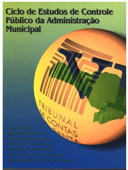 Banner vertical em degradê azul (abaixo) e verde (acima). Acima, o título Ciclo de Estudos de Controle Público da Administração Municipal em fonte preta. Na lateral direita, ao centro, um círculo amarelo com a logomarca do TCE/SC, em marca d’água. À frente, desenho do mapa do estado de Santa Catarina em verde e, à frente do mapa, o número 6 em algarismo romano e em fonte azul-escuro. Abaixo, um texto com breve descrição sobre as temáticas do evento. 