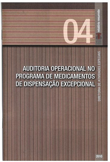 Banner vertical com o título Auditoria operacional no Programa de Medicamentos de Dispensação Excepcional em fonte branca, sobre fundo lilás com listras finas. Acima, à direita e sobre uma linha na horizontal, o número 04, em tom lilás claro, e uma faixa na vertical com o texto Relatório resumido, em fonte branca, e a logo do TCE/SC. Abaixo e à direita, o ano 2010, em fonte branca.