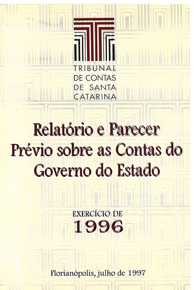 Banner amarelo-claro com marca d’água de diversas logomarcas do TCE/SC na cor cinza. Acima e ao centro, em destaque, a logomarca do TCE/SC. Abaixo, o título Relatório e Parecer Prévio sobre as Contas do Governo do Estado, em fonte bordô; e o texto Exercício de 1996. Na parte inferior, a cidade (Florianópolis) e a data (julho de 1997). 