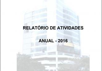 Banner horizontal com fundo branco e com a marca d’água da imagem do prédio do Tribunal de Contas de Santa Catarina. À frente, centralizado e em fonte preta, o texto Relatório de Atividades, Anual – 2016. 