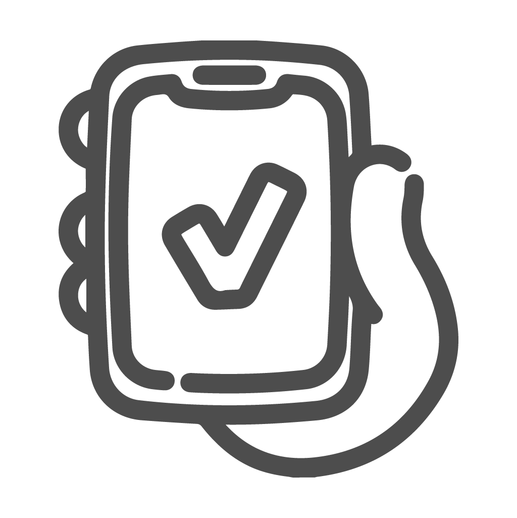 Ícone, na cor cinza, formado por uma mão segurando um celular.