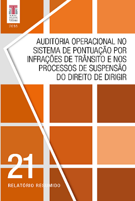 Banner vertical com o título Auditoria operacional no Sistema de Pontuação por Infrações de Trânsito e nos Processos de Suspensão do Direito de Dirigir em fonte preta, sobre fundo branco. Acima do título, 3 quadrados e, abaixo, 9, em tons de laranja. À esquerda, no canto superior, a logo do TCE/SC e o ano 2016, e, no canto inferior, o número 21 seguido de Relatório Resumido, todos em fonte branca.