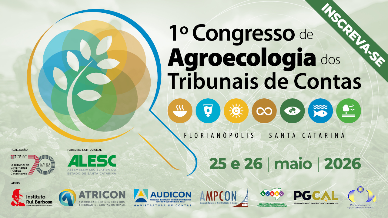 Banner horizontal com fundo em tons de verde-claro. À esquerda, desenho de uma lupa com folhagem ao centro, formada pela sobreposição de círculos coloridos. À direita, o título "Primeiro Congresso de Agroecologia dos Tribunais de Contas". Abaixo, ícones relacionados à agroecologia, informações de data e local e logo dos realizadores e apoiadores. No canto superior, direito, faixa verde com o texto "Inscreva-se". 