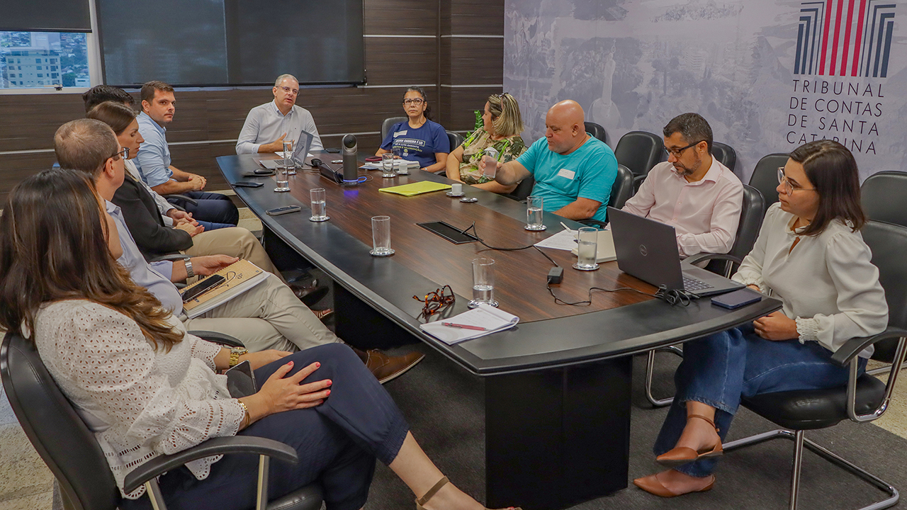 Banner horizontal com foto dos participantes da reunião. Há onze pessoas sentadas diante de uma mesa, enquanto conversam. Entre os presentes, o conselheiro substituto Gerson Sicca, integrantes da SED e do CAE. 