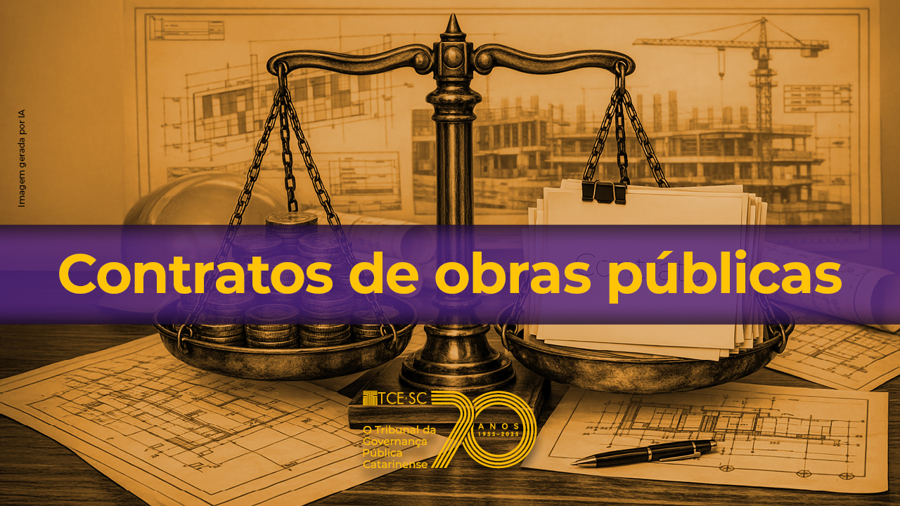 Imagem mostra uma balança ao fundo, remetendo para o equilíbrio. Imagem está em tom envelhecido. No centro, horizontal, de um lado ao outro da imagem, há uma tarja roxa com letras amarelas escrito Contratos de Obras Públicas”. 