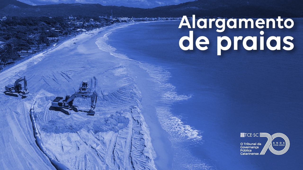 Imagem em tons de azul mostra máquinas trabalhando na areia em uma praia. No alto, à direita, escrito em branco sobre o mar, está a expressão Alargamento de Praias