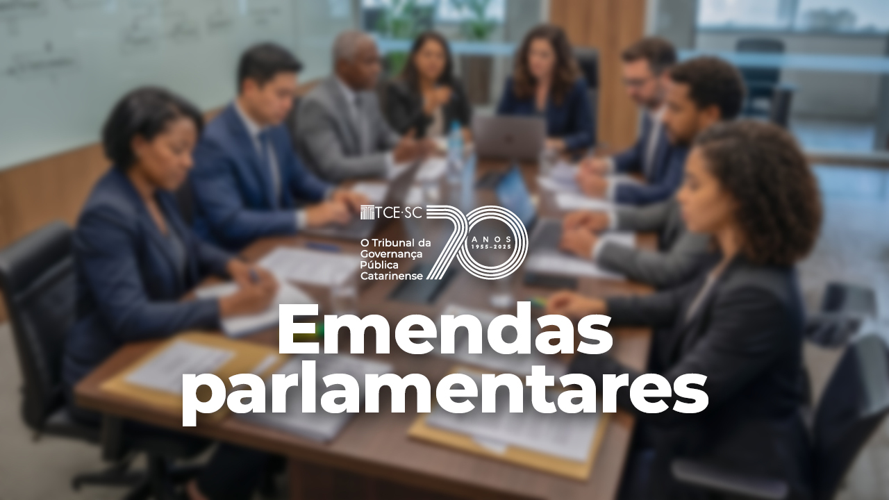 Imagem mostra oito pessoas sentadas ao redor de uma mesa, quatro homens e quatro mulheres. Eles aparecem fora de foco. Ao centro, em branco, está escrito Emendas Parlamentares