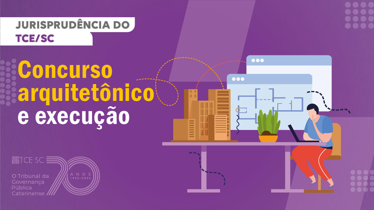 Imagem em tons lilás contém desenho de uma pessoa sentada à uma mesa que tem, sobre ela, uma maquete de prédios. Do lado esquerdo da imagem está escrito “Concurso arquitetônico e execução”. Do mesmo lado, mais ao alto, está escrito “jurisprudência do TCE/SC”. 