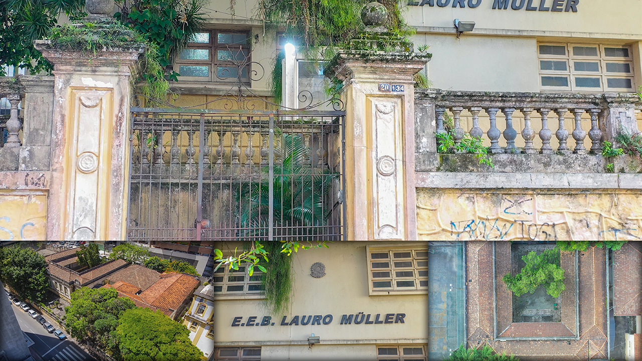 Banner horizontal com montagem de fotos para mostrar diversas áreas da Escola de Educação Básica Lauro Müller, incluindo a fachada e vistas aéreas.
