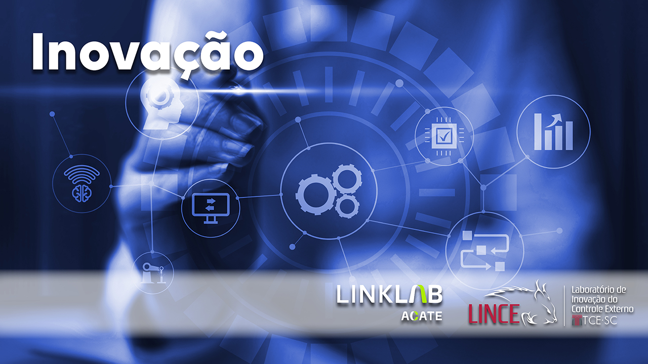 Banner horizontal. Ao fundo, sob filtro em tons de azul, foto de uma mão que toca na tela. No ponto onde a mão toca, há um gráfico circular com leve transparência. Sobre a imagem, ao centro, também com leve transparência, há círculos, ligados por linhas que simulam circuitos, com ícones de engrenagem, de computador, de Wi-Fi, entre outros relacionados à tecnologia. No canto superior esquerdo, o título “Inovação”, em fonte branca. Na borda inferior, sobre tarja cinza, os logos do Linklab e do Lince.  