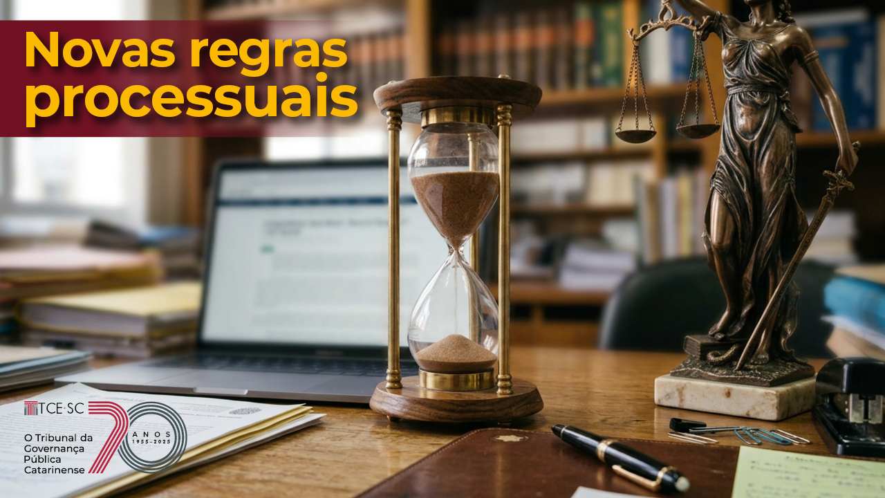 Banner horizontal com foto de itens jurídicos dispostos sobre uma mesa de madeira, como uma ampulheta e estátua da deusa da justiça. Ao fundo, em desfoque, uma estante com livros. Sobre a foto, o texto “Novas regras processuais” e logo do TCE/SC.