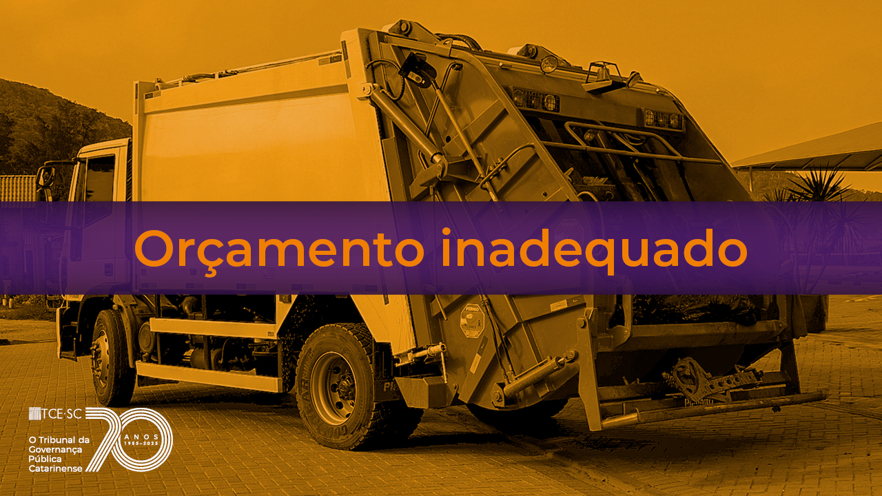 Banner horizontal com foto, com filtro amarelo, de um caminhão de lixo estacionado. Sobre a foto, ao centro, em tarja roxa, o título “Orçamento inadequado”. No canto inferior esquerdo, selo comemorativo aos 70 anos do TCE/SC. 