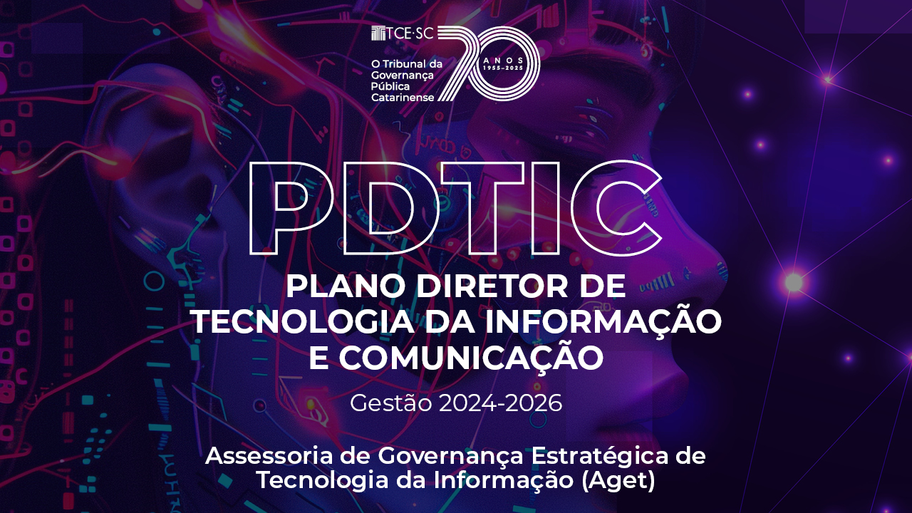 Banner horizontal em tons de roxo, rosa e azul, com gráficos relacionados à tecnologia no fundo. Ao centro, em branco a sigla “PDTIC”, em letras vazadas. Abaixo, o texto “Plano Diretor de Tecnologia da Informação e Comunicação. Gestão 2024-2026. Assessoria de Governança Estratégica de Tecnologia da Informação (Aget)”. Na borda superior, logo do Tribunal.  