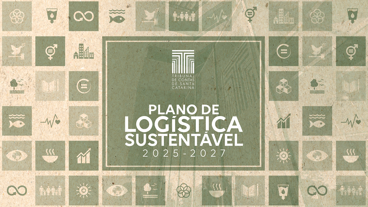 Banner horizontal com mosaico de quadrados em tons de verde, com ícones relacionados à sustentabilidade. Ao centro, em um retângulo verde maior, o logo do TCE/SC e o texto “Plano de Logística Sustentável 2025-2027", em fonte branca. O banner simula papel reciclado.