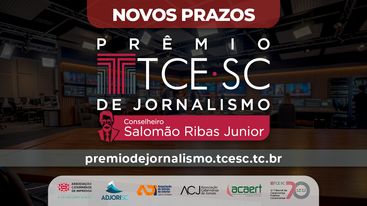 Imagem em fundo preto. Ao centro, está escrito Prêmio TCE de Jornalismo, com a expressão "novos prazos", logo acima, em letras brancas sobre fundo bordô.