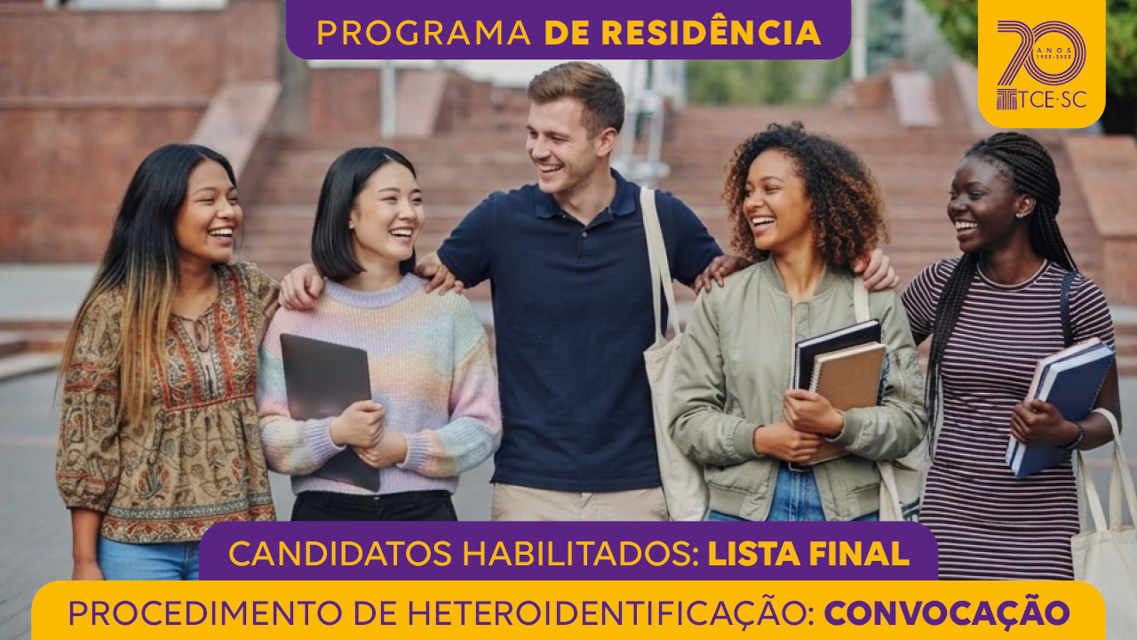 Banner horizontal com foto de cinco jovens. Todos sorriem. Sobre a foto, em tarjas roxa e amarela, o texto “Programa de Residência. Candidatos habilitados: lista final. Procedimento de heteroidentificação: convocação”. 