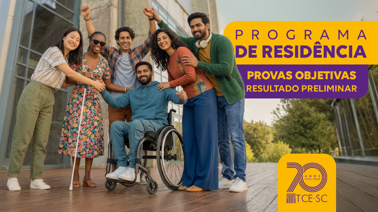 Banner horizontal com foto de seis pessoas em frente a um prédio. Sobre a foto, em tarjas roxas e amarelas, aparecem os textos “Programa de Residência. Provas objetivas. Resultado preliminar”. 