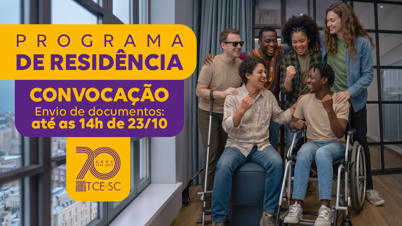 Banner horizontal com foto de seis pessoas dentro de um prédio. Sobre a foto, em tarjas roxas e amarelas, aparecem os textos “Programa de Residência. Convocação. Envio de documentos: até as 14h de 23/10”. 