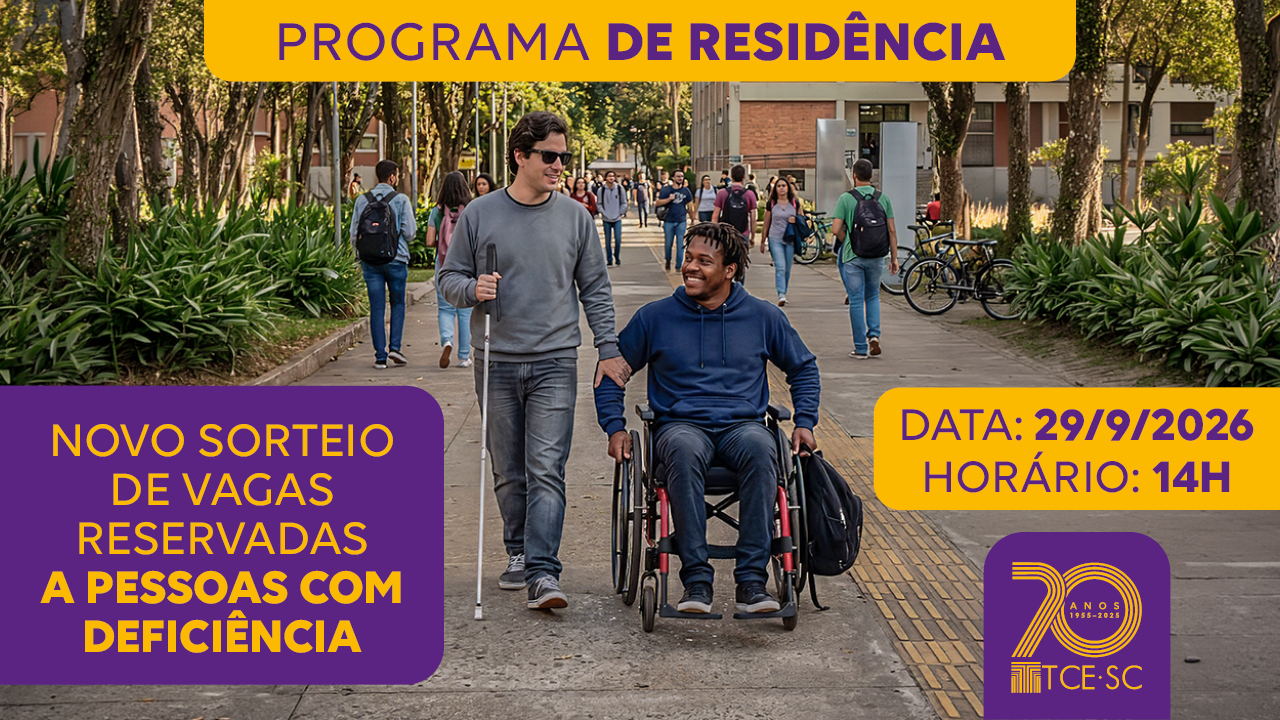 Banner horizontal com foto de dois homens lado a lado — um utilizando bengala e outro em uma cadeira de rodas —, em primeiro plano. Eles sorriem. Sobre a foto, em tarjas roxas e amarelas, aparecem os textos “Programa de Residência”, “Novo sorteio de vagas reservadas a pessoas com deficiência” e as informações de data e horário: “29/9/2026, às 14h”. 