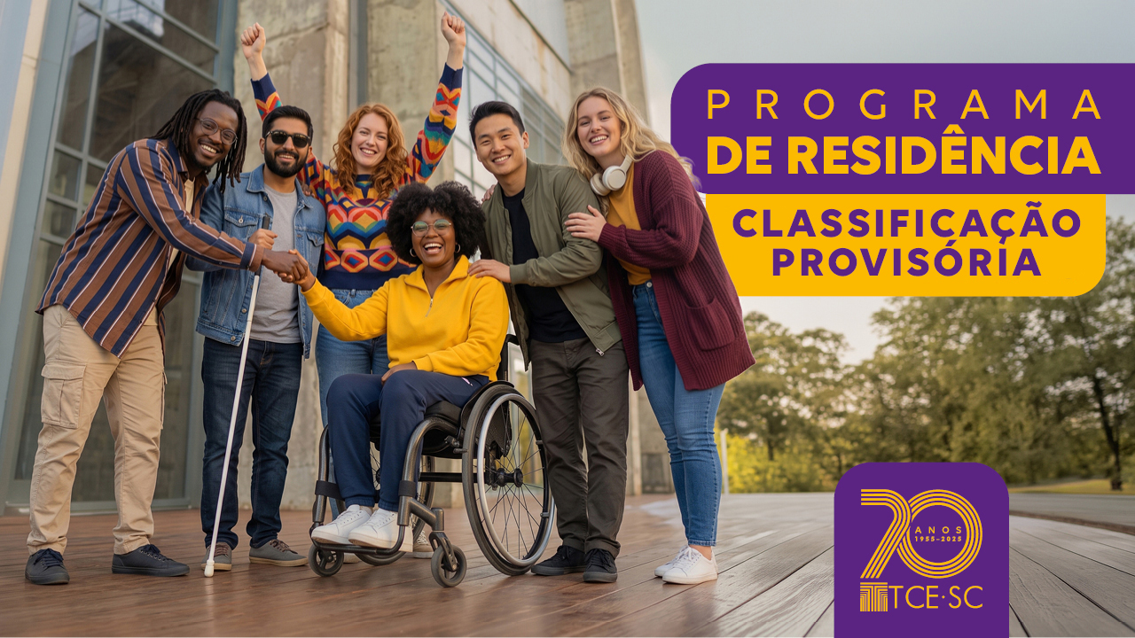 Banner horizontal com foto de seis pessoas em frente a um prédio. Sobre a foto, em tarjas roxas e amarelas, aparecem os textos “Programa de Residência. Classificação provisória”.