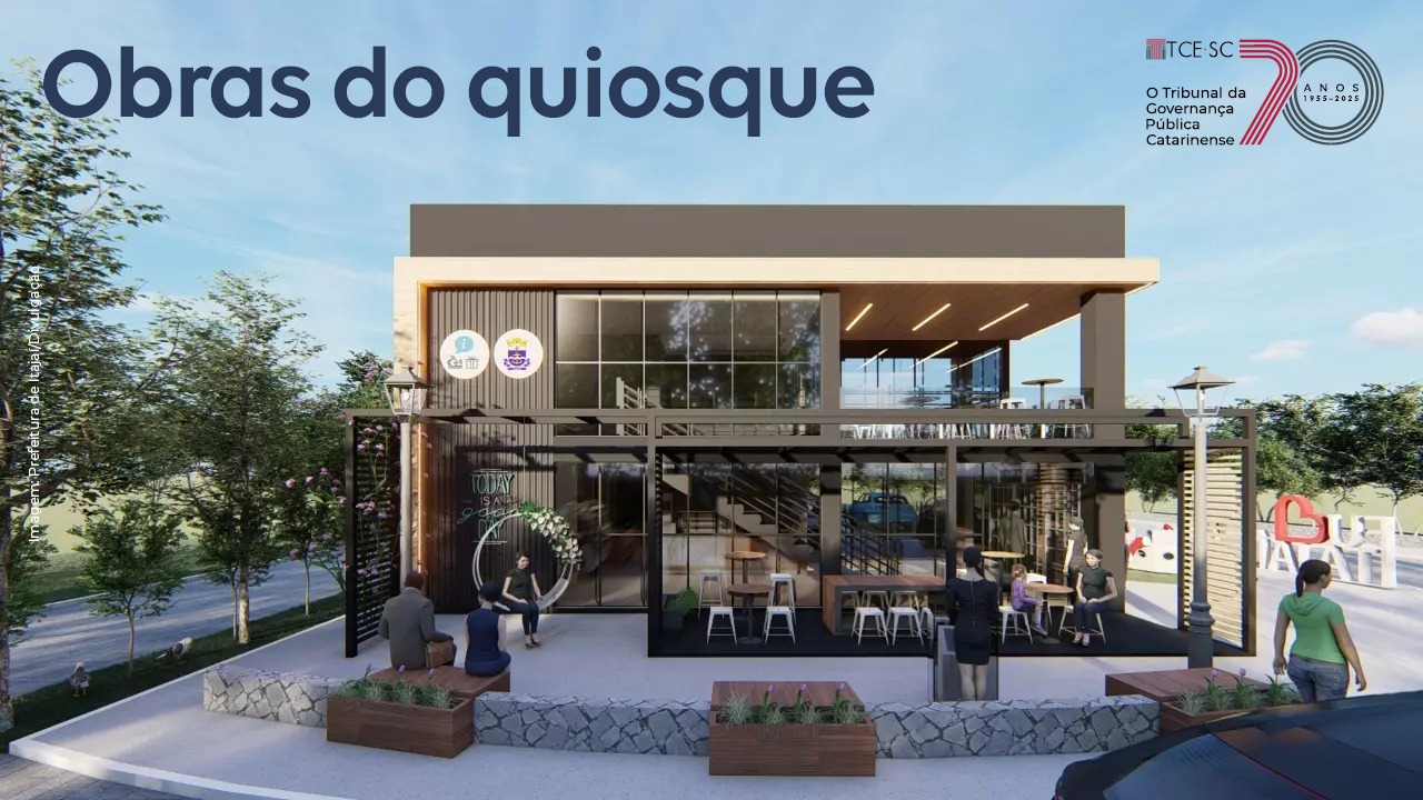 Imagem mostra ao centro uma edificação quadrada, de dois andares, com a frente envidraçada. No alto, à esquerda, está escrito “obras do quiosque”. 