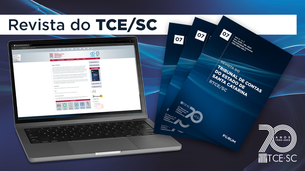 Banner horizontal com fundo azul, com o texto “Revista do TCE/SC” e um notebook, à esquerda. Na tela, o print da tela do espaço da revista na ferramenta OJS. À direita, imagem de três capas da revista. 