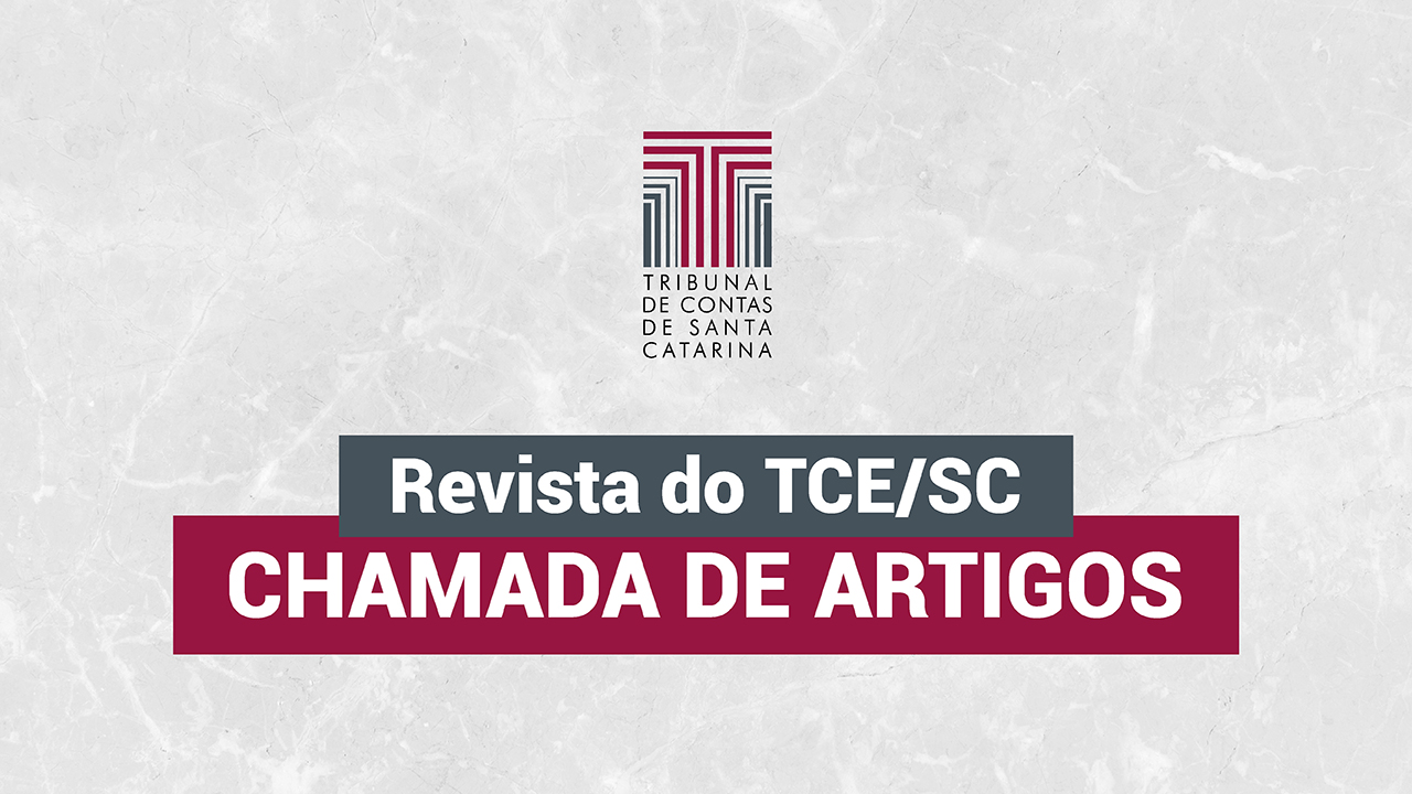 Banner com fundo cinza claro. Sobre o fundo, o logotipo do TCE/SC e os textos “Revista do TCE/SC” e “Chamada de artigos”, em fonte branca e sobre retângulos cinza e bordô, respectivamente. 