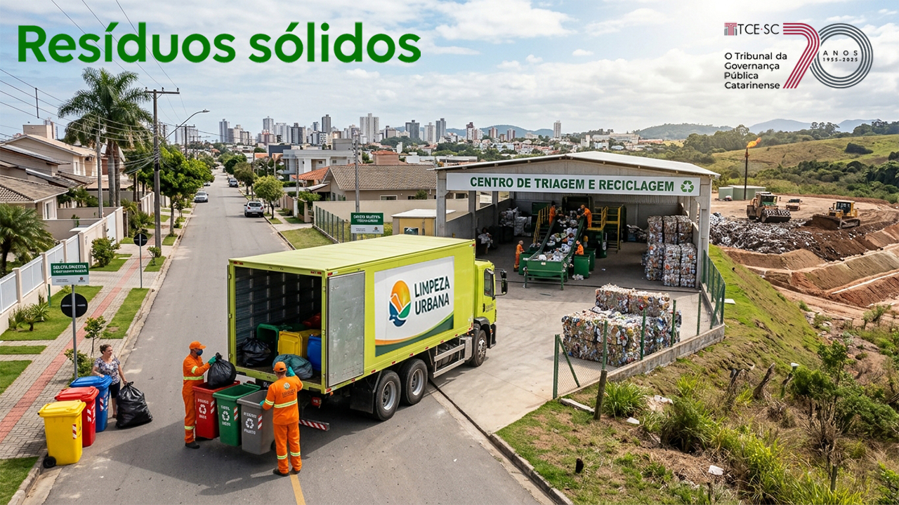 Banner horizontal com foto, vista de cima, de um caminhão de coleta seletiva da limpeza urbana estacionado em frente a um Centro de Triagem e Reciclagem, onde fardos de materiais recicláveis estão armazenados e sendo processados. No fundo do caminhão, trabalhadores realizam o recolhimento dos resíduos das lixeiras coloridas. Sobre a foto, em verde, o texto "Resíduos sólidos". 