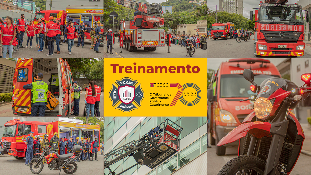 Banner horizontal com mosaico de foto de equipes de bombeiros e brigadistas em ação, com caminhões de resgate, ambulâncias, motocicletas e equipamentos de salvamento. Há cenas de organização de equipes, atendimento em ambulância e uso de escada mecânica em edifício. Ao centro, em tarja amarela, o texto “Treinamento” e os logos do TCE/SC e da Brigada de Incêndio da Instituição.