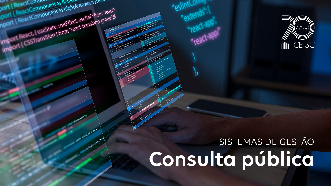 Imagem mostra telas de computados com dados coloridos. À direita, no alto, há o logotipo dos 70 anos do TCE. Na parte inferior, também à direita, há a expressão “Sistema de Gestão: consulta pública”. 