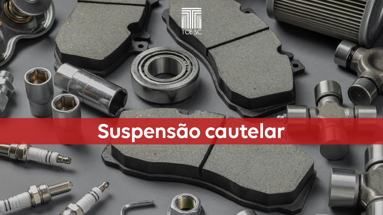 Imagem mostra peças de equipamentos rodoviários. No centro, escrita em branco sobre uma tarja vermelha, há a expressão "Suspensão cautelar".