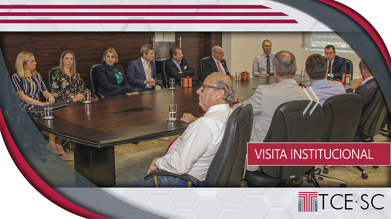 Foto da reunião com 12 pessoas brancas sentadas em volta de uma mesa, sendo três mulheres. O presidente do TCE/SC está na lateral direita. À direita dele, está o vice-presidente. Sobre a foto, o texto “Visita institucional” em fonte branca e dentro de um retângulo bordô. Abaixo, a logomarca do TCE/SC. Sobre a mesa, há copos e caixas.