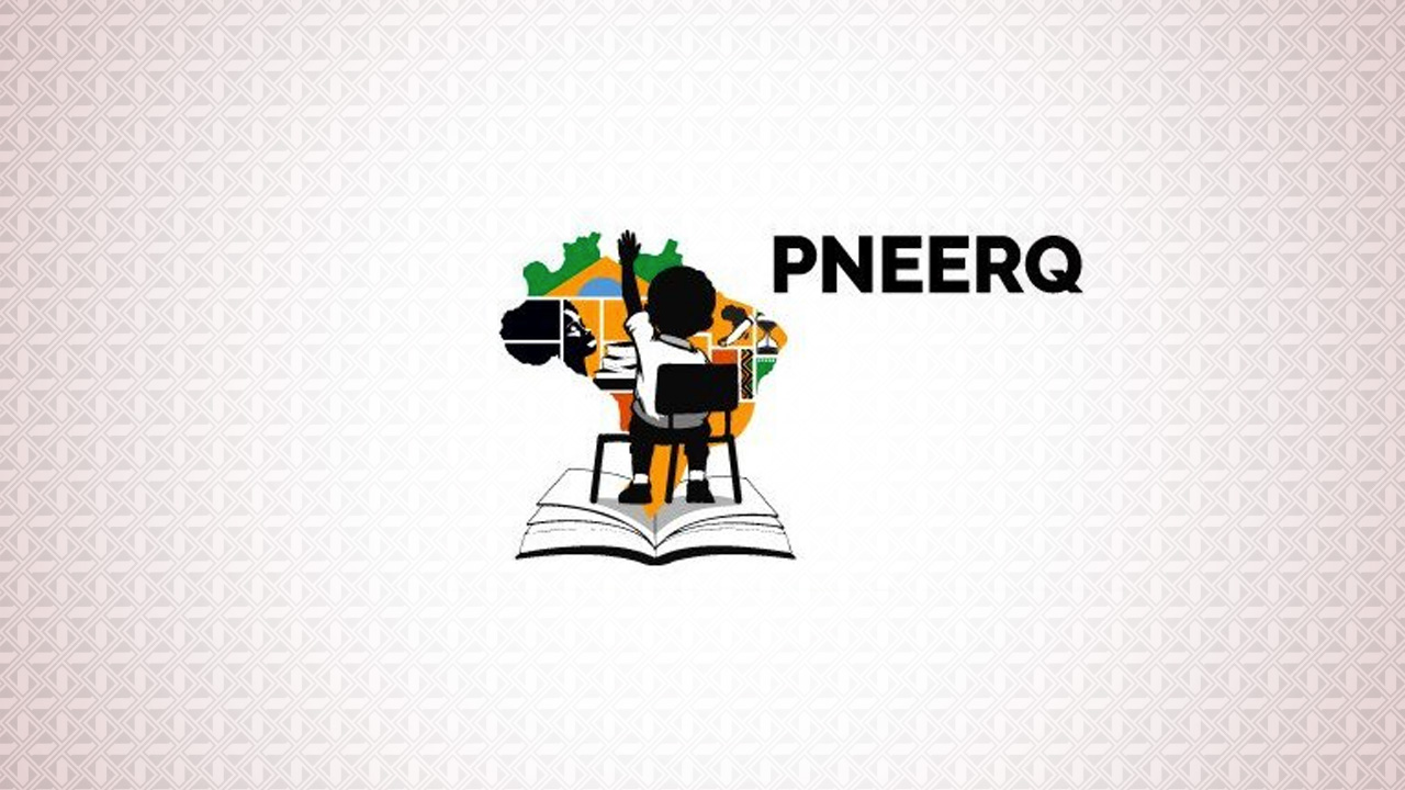 Sob um fundo em degrade na cor marrom claro nas bordas e branco ao centro, há a logo do PNEERG, que é formada por um desenho de um menino negro, sentado em uma cadeira, visto por trás. Ele está com o braço esquerdo levantado. A cadeira está sobre um livro aberto e ao fundo, por trás da carteira, há um mapa do Brasil formado por quadrados, onde aparece parte da bandeira nacional, uma pessoa, negra, livros, um mapa da África e uma ampulheta.