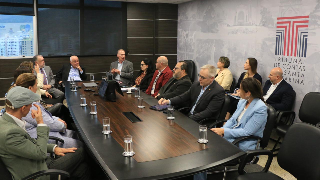 Banner horizontal mostrando uma reunião em uma sala do TCE/SC. Entre os presentes, ao centro, o presidente Herneus De Nadal e o conselheiro Luiz Eduardo Cherem. Também aparecem integrantes da Univali, do MPSC, do TJSC e da SES. Os participantes estão sentados diante de uma mesa retangular enquanto conversam.