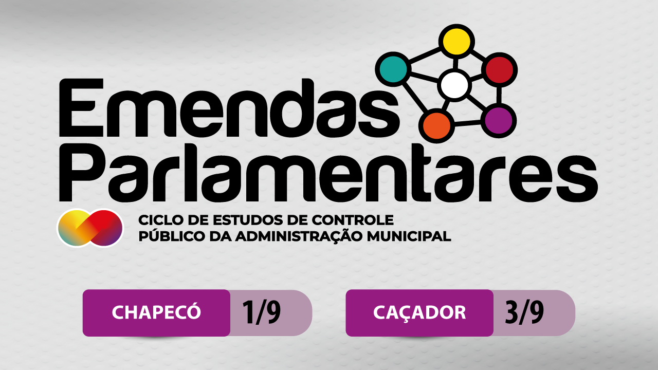 Imagem com fundo acinzentado mostra as cidades e as datas do evento na parte inferior. Ao centro, escrito em letras maiores, estão as palavras "emendas palamentares".