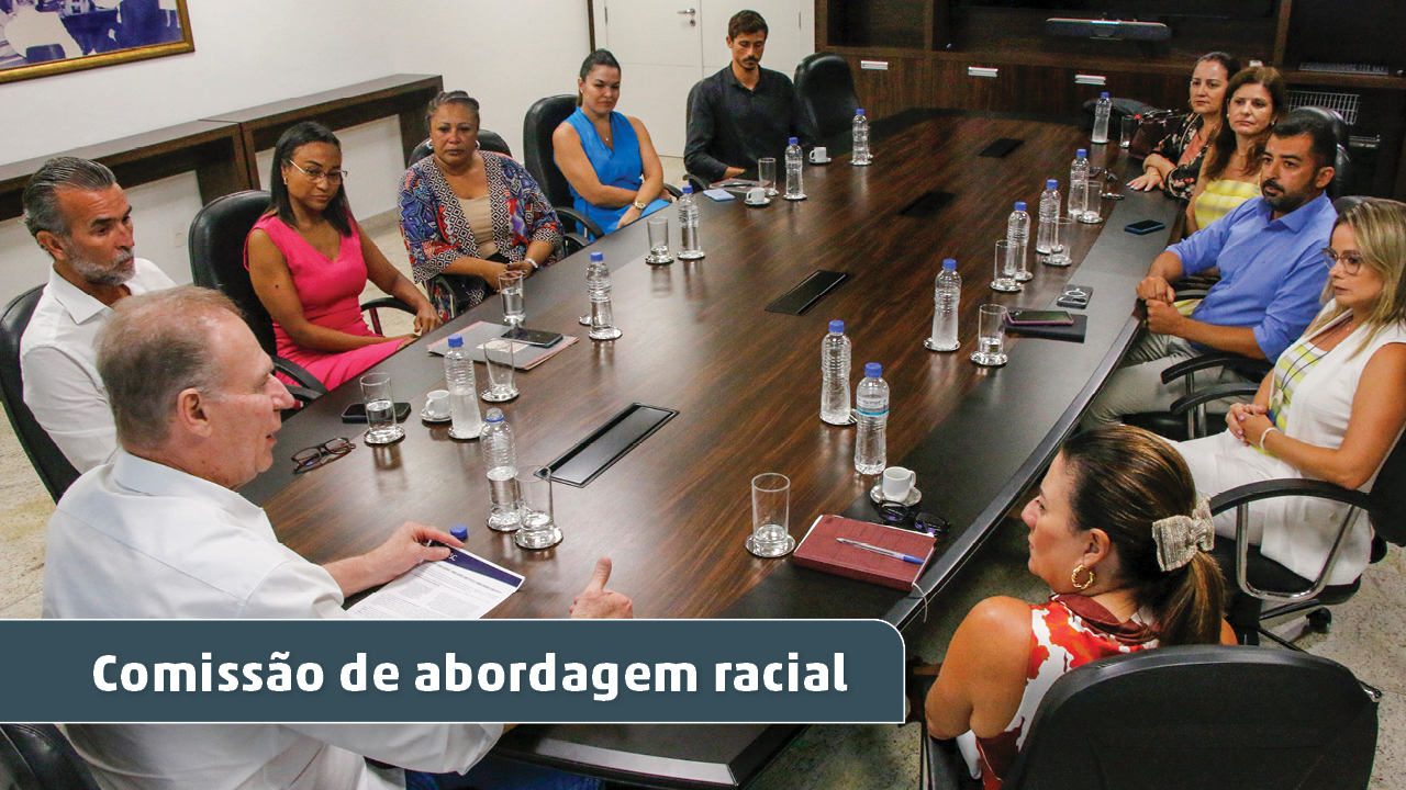 Banner com imagem de 11 pessoas sentadas em volta de uma mesa, sendo quatro homens brancos, cinco mulheres brancas e duas mulheres negras. Sobre a imagem, um retângulo cinza com o texto “Comissão de abordagem racial”, em fonte branca. 