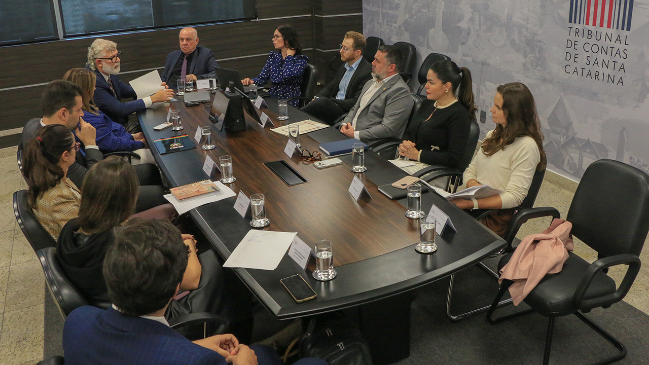 Banner horizontal com foto de várias pessoas reunidas em volta de uma mesa, em reunião. Entre os presentes, o conselheiro Luiz Eduardo Cherem, o coordenador da mesa de consensualismo, Ricardo Ribas, e a diretora-geral de Controle Externo adjunta, Monique Portella.