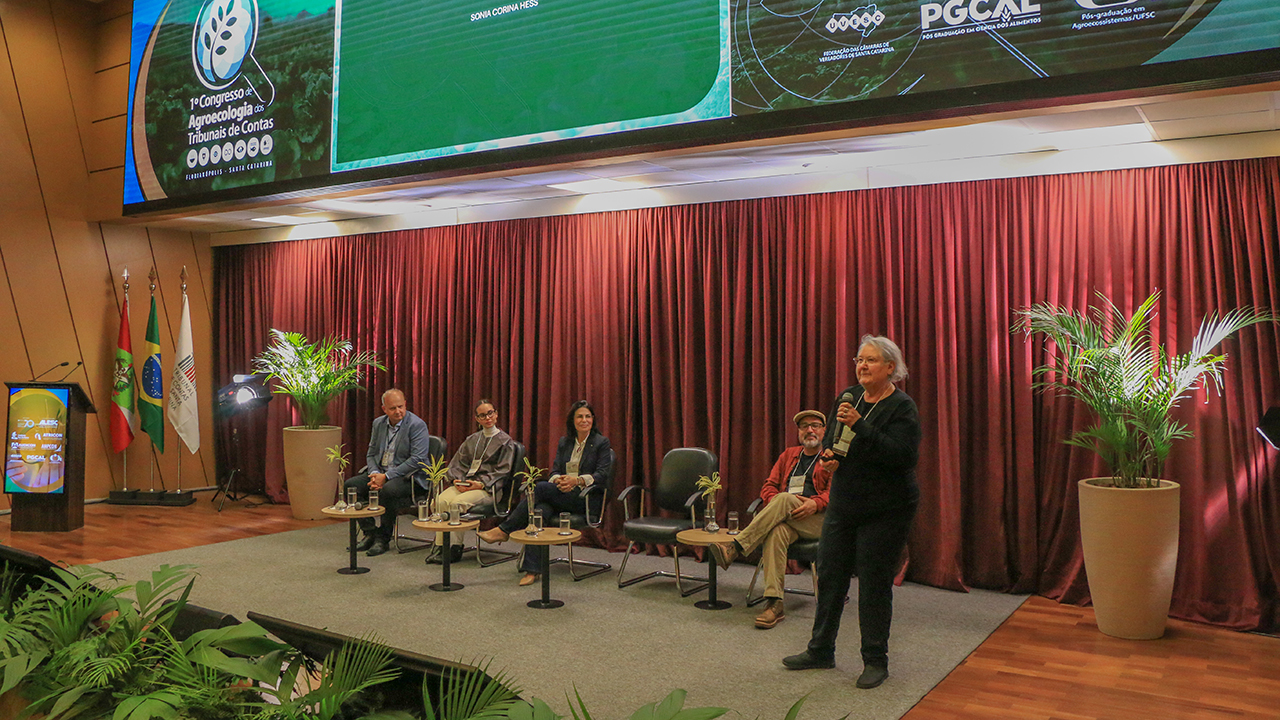 Banner horizontal com foto da professora da UFSC Sonia Hess falando ao microfone durante painel no palco do auditório do TCE/SC. Ela está à direita da foto. À esquerda, os demais participantes do painel, sentados em poltronas lado a lado. Ao fundo, há cortinas bordôs.
