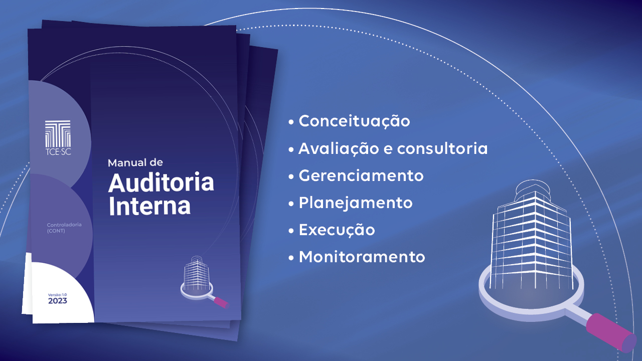 Banner horizontal com fundo em tons de azul. À esquerda, há a capa do Manual de Auditoria Interna, que tem fundo azul e é composta pelo título e por semicírculos em diferentes tons de azul, na lateral esquerda, que contém o logo do TCE/SC e os textos “Controladoria (CONT)” e “Versão 1.0 2023”. Ao centro do banner, os tópicos “Conceituação. Avaliação e consultoria. Gerenciamento. Planejamento. Execução. Monitoramento”. No canto inferior direito, desenho de uma lupa, sobre a qual está o desenho da sede do TCE