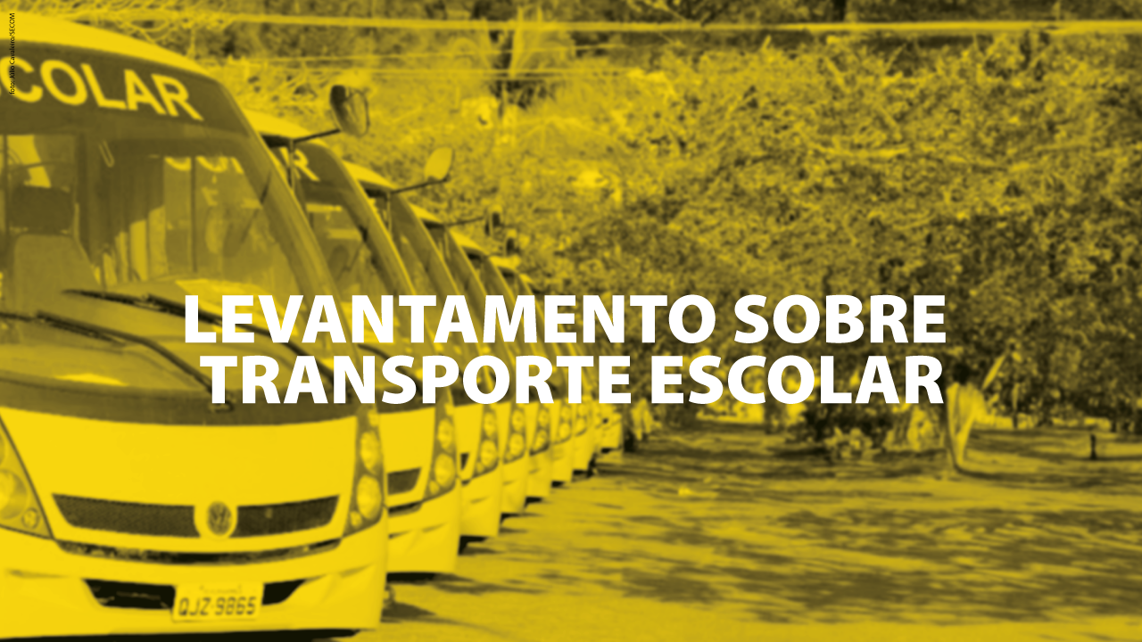 Banner com uma foto de vários ônibus escolares perfilados. Sobre a imagem está um filtro amarelo. No centro da imagem, em letras brancas, o texto "Levantamento sobre transporte escolar".