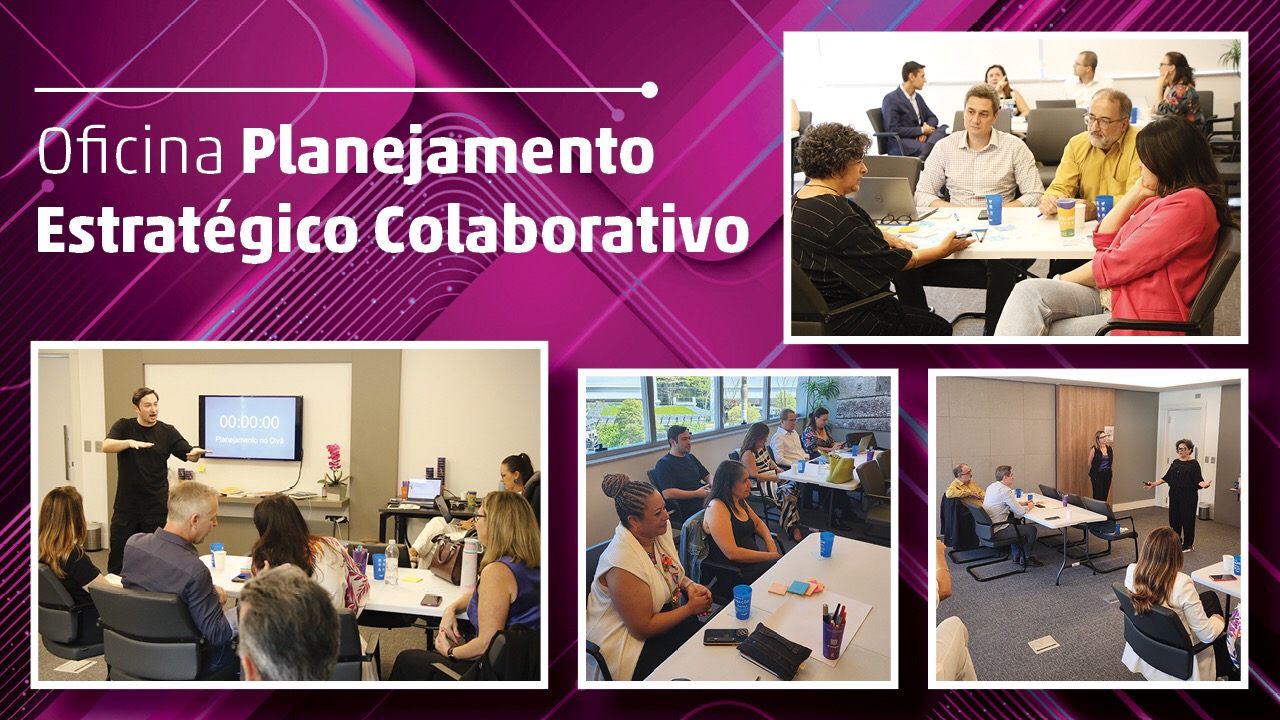 Banner horizontal em tons de roxo. Na parte superior esquerda, há o título “Oficina Planejamento Estratégico Colaborativo” em fonte branca. Na lateral direita e na parte inferior, há quatro imagens da oficina, que contêm pessoas sentadas, conversando e assistindo a apresentações