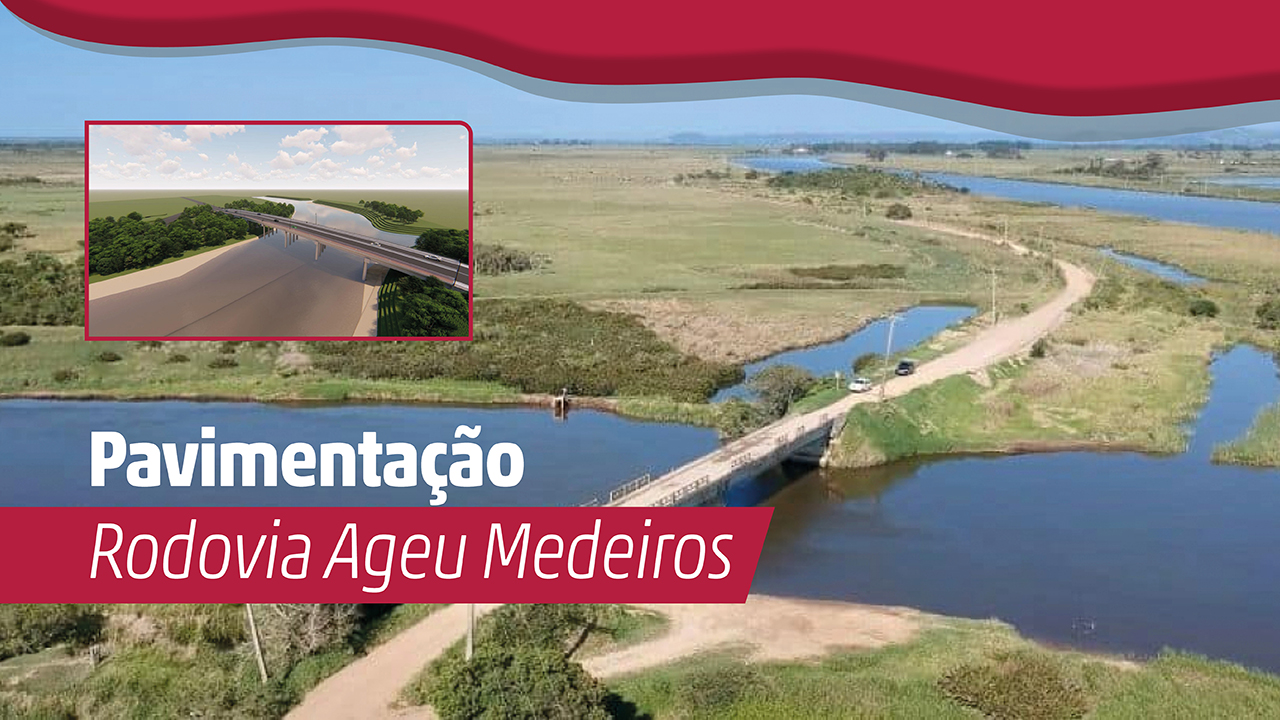 Imagem mostra um trecho da rodovia onde uma ponte sobrepõe um braço de rio, com a estrada ainda sem pavimentação.