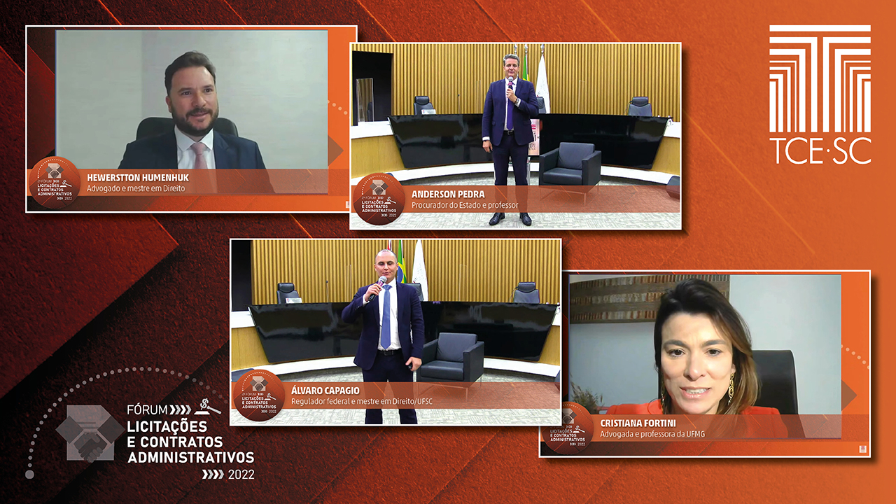 Quatro imagens sobre um fundo em tons de laranja. As imagens estão dispostas na diagonal e retratam os palestrantes Hewerstton Humenhuk, Anderson Pedra, Álvaro Capagio e Cristiana Fortini durante as palestras do 2º Fórum Licitações e Contratos Administrativos. No canto inferior esquerdo, há o ícone de um aperto de mãos sobre um papel na cor cinza e, ao lado, o título Fórum Licitações e Contratos Administrativos 2022 destacado em tons de branco. 