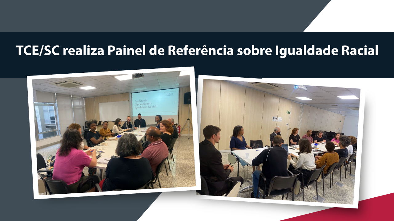 Card mostra, no centro, duas fotografias tiradas durante o Painel de Referência sobre Igualdade Social. Acima, na parte superior, está escrito, em letra de cor branca e fundo azul escuro: "TCE/SC realiza Painel de Referência sobre Igualdade Racial".