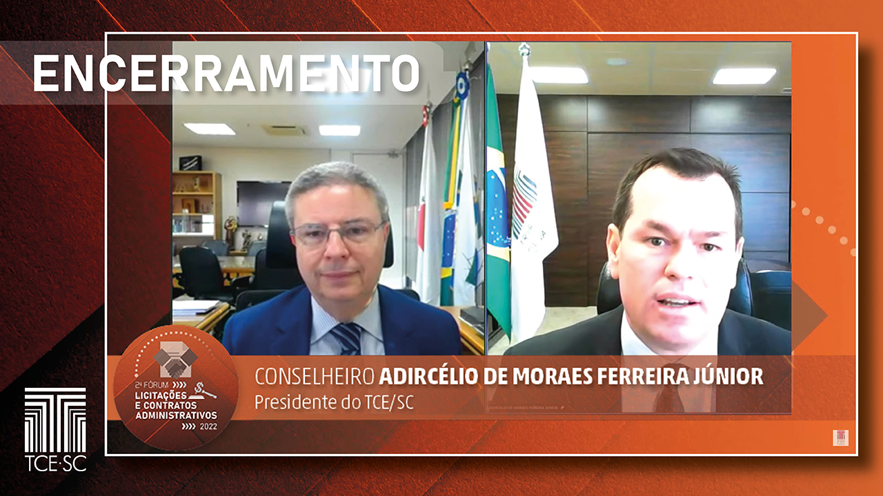 Imagem sobre um fundo em tons de marrom e laranja do ministro Antônio Anastasia, do TCU, à esquerda, e do presidente do TCE/SC, conselheiro Adircélio de Moraes Ferreira Júnior, à direita. No canto esquerdo superior, a palavra Encerramento, e, no inferior, o logotipo do TCE/SC, ambos em cor branca. 