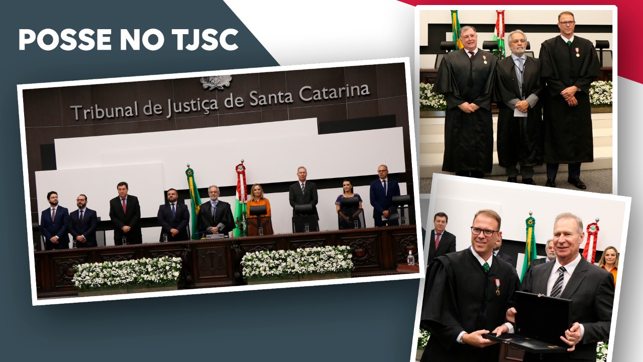 Imagem é composta por três fotos. A primeira delas, à esquerda, mostra a mesa de autoridades da cerimônia. A segunda, no alto à direita, aparece os dois novos desembargadores com o presidente do TJSC.  Na terceira, abaixo, à direita, estão o conselheiro Herneus De Nadal e o filho João De Nadal, novo desembargador